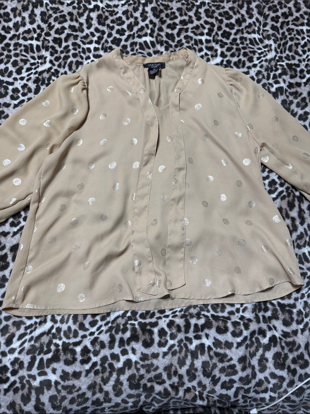 Metallic Dot Beige Blouse with V-Neck